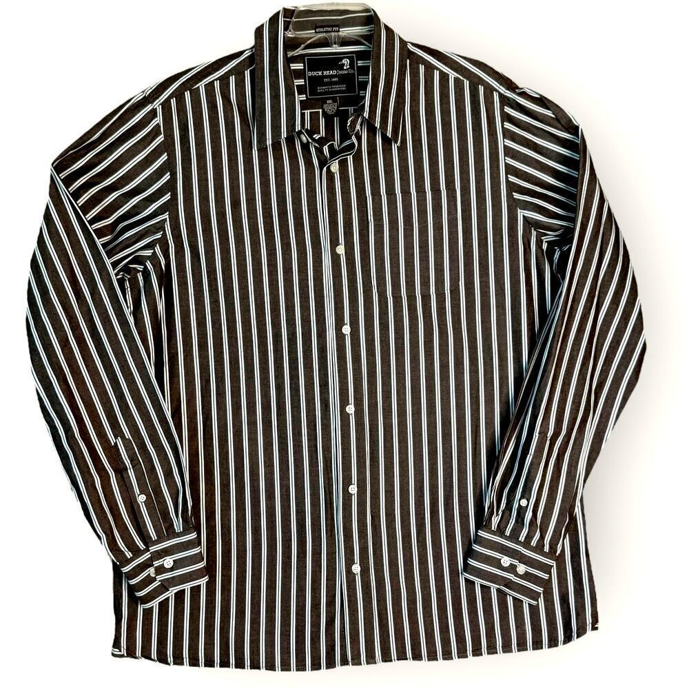 Duck Head Striped Long Sleeve Button Up Shirt Athletic Fit Mens XXL Brown White